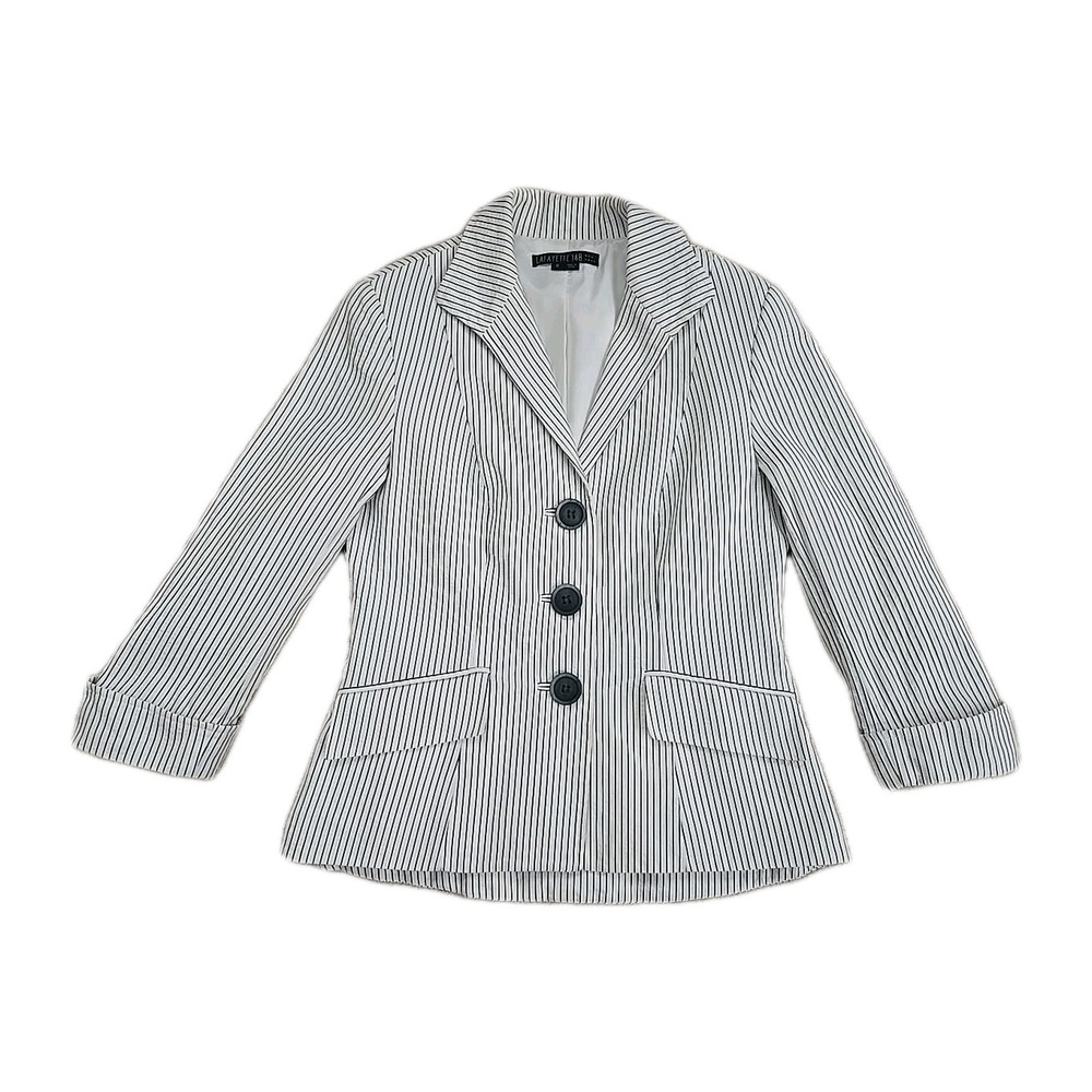Lafayette 148 Blazer Sz 6 White Black Striped Blazer Jacket Seersucker 3-Button